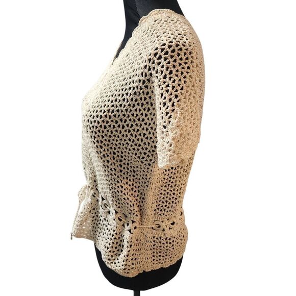 Vintage Crochet Shirt S M Cardigan Ecru V Neck Doily Scallop Loose Weave - Picture 5 of 9